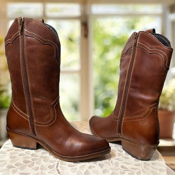 FRYE Nataly Western Leather Inside Zip Tall Cognac - Picture 8 of 12